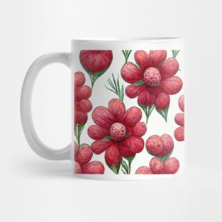 Puffy red and pink 3D flowers in a pattern with green stems on a white background. Mug